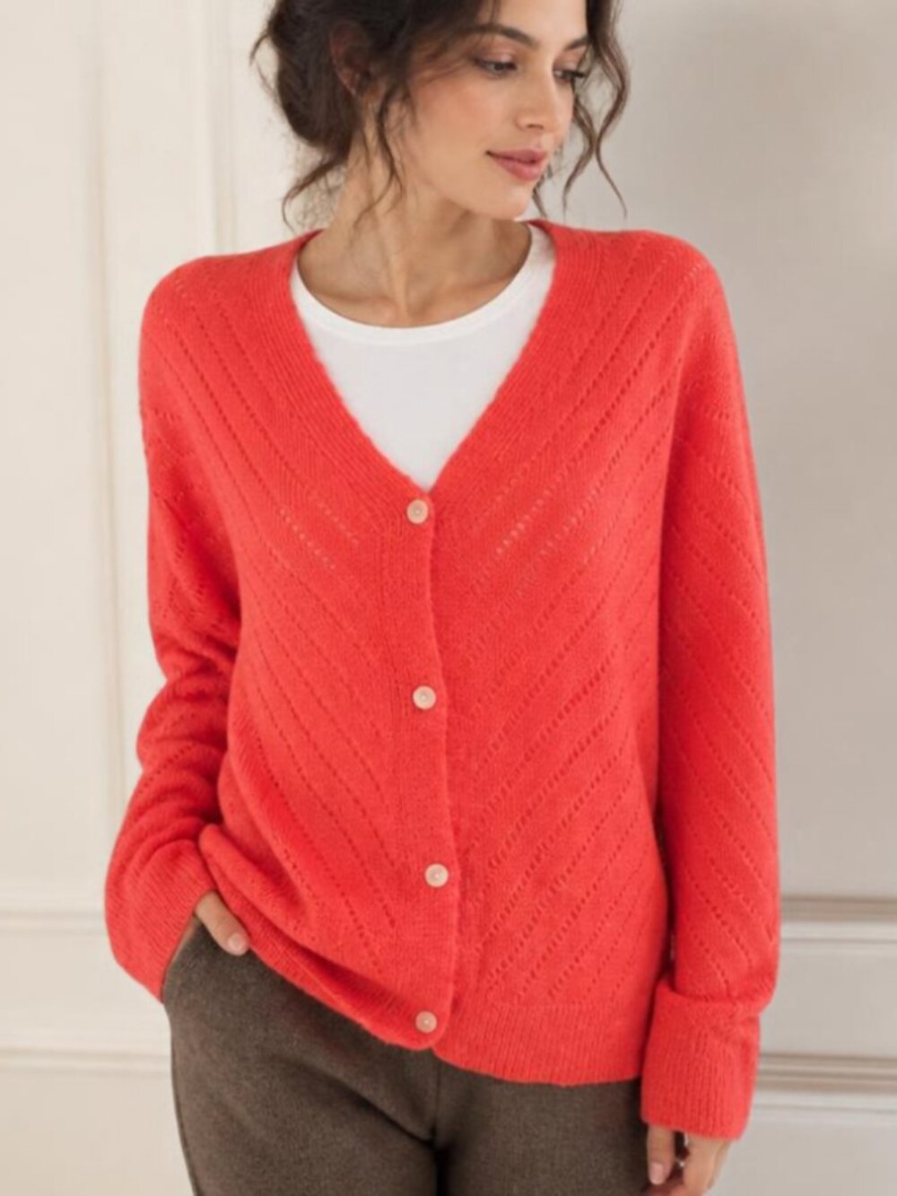 New NWOT Coral Openwork V-Neck Cardigan Large